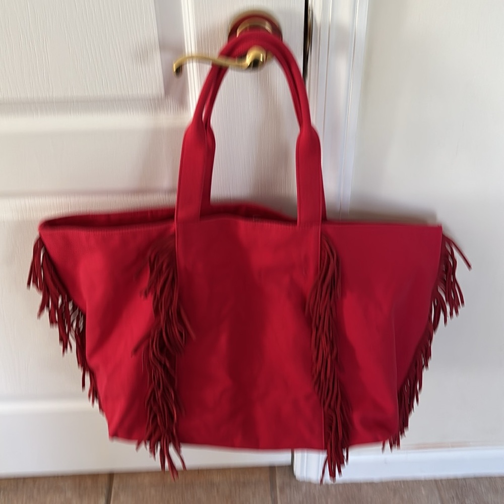 MILA LOS ANGELES LADIES RED CANVAS FRINGE BOHO TOTE BAG - Picture 8 of 11